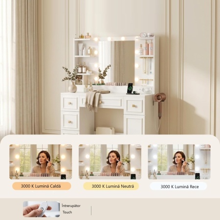SEA203 - Masuta machiaj cu Oglinda LED, 5 Sertare pentru Cosmetice, Set Masa toaleta 108 cm, Alb, masuta cosmetica, vanity cu Priza si USB, Spuport Uscator Par - SEA203 - Img 3