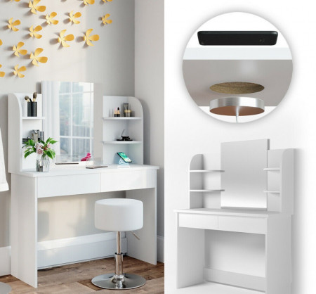 SEA359 - Set Masa alba toaleta cosmetica machiaj oglinda cu LED, masuta vanity cu incarcare Qi