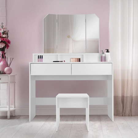 SEA91 - Set Masa toaleta, 100 cm, cosmetica, masa machiaj cu oglinda si scaun, masuta vanity - Alb