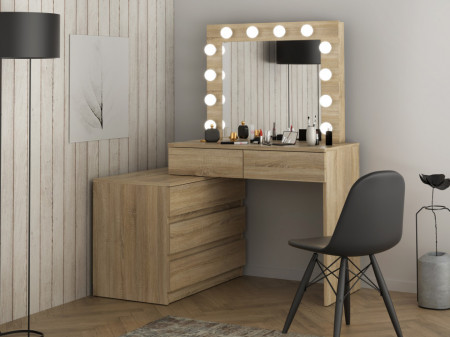 SEM511 - Set Masa toaleta, 130 cm, cosmetica machiaj oglinda masuta vanity, oglinda cu LED-uri cu sau fara scaun - Sonoma