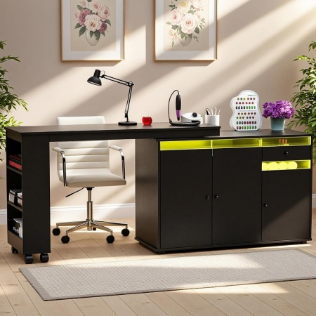 Birou, Masuta manichiura pentru Colt Alba / Neagra, 135 x 114 cm, LED, masa cosmetica pentru salon cu Rafturi deschise si Roti - MANIA217 - Img 4