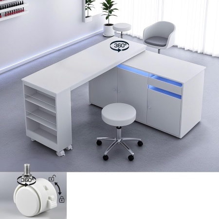 Birou, Masuta manichiura pentru Colt Alba / Neagra, 135 x 114 cm, LED, masa cosmetica pentru salon cu Rafturi deschise si Roti - MANIA217 - Img 10