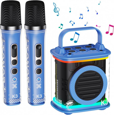 CADC15 - Set Sistem Mini Karaoke si 2 Mini Microfoane, Jucarii copii, Cadou pentru Craciun, Petreceri in familie - Albastru