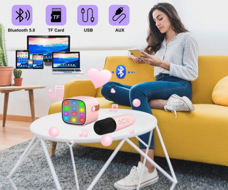 CADC5 - Set Sistem Mini Karaoke si 1 Mini Microfoan, Jucarii copii, Cadou pentru Craciun, Petreceri in familie - Roz - Img 5