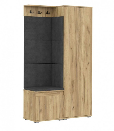 CUI514 - Cuier 104x37x177 cm - 3 agatatori haine, hol, pantofar - Stejar, tapiterie Turcoaz/Gri/Albastru - Img 5