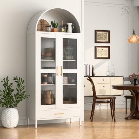 DUA205 - Vitrina 80 cm, Dulap rotund pentru birou, Biblioteca Living, Rafturi Dormitor, Dining, Hol - Alb - Img 9