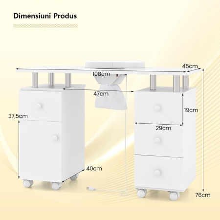 MANIA4 - Masuta manichiura, 108 cm, masa cosmetica cu Aspirator incorporat, pernita - Alb / Negru / Roz - Img 9