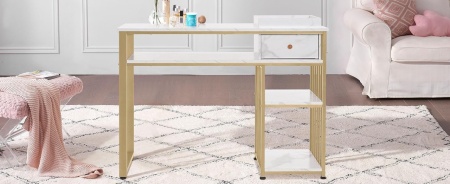 MANIAU210 - Masuta manichiura, 110 cm, birou, masa cosmetica pentru salon cu 1 Sertar si Tavita - Alb - Auriu - Img 9