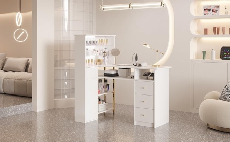 MANIAU211 - Masuta manichiura, 120 cm, birou, masa cosmetica pentru salon cu Aspirator Incorporat, Priza, LED, Sertare si Rafturi - Alb - Auriu - Img 10