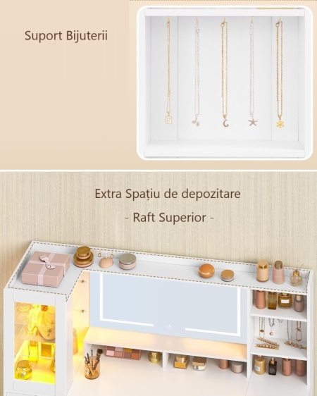 Masuta de machiaj 140 cm, cu Oglinda LED si 10 Sertare pentru Cosmetice, Set Masa toaleta Alba, masuta cosmetica, vanity cu dulapior si rafturi - SEA20 - Img 8
