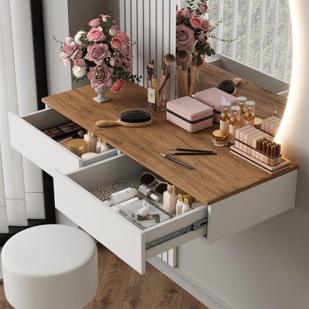 Masuta machiaj alba cu Oglinda LED si 2 Sertare pentru Cosmetice, Set Masa toaleta 100 cm, masuta cosmetica cu Riflaj, vanity - SEA831 - Img 2