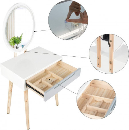Masuta machiaj cu Oglinda LED si 1 Sertar pentru Cosmetice, Set Masa toaleta 60 cm, Alb, masuta cosmetica, vanity - SEA429 - Img 2