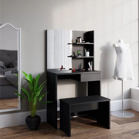 Masuta machiaj cu Oglinda LED si 1 Sertar pentru Cosmetice, Set Masa toaleta 75 cm, Negru, masuta cosmetica, vanity - SEN224 - Img 3