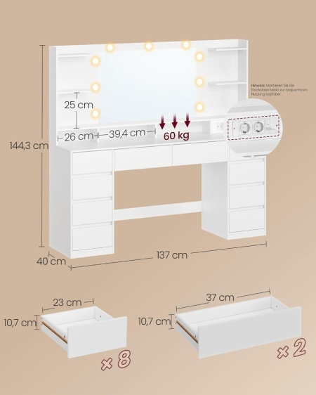 Masuta machiaj cu Oglinda LED si 10 Sertare si Rafturi pentru Cosmetice, Set Masa toaleta 137 cm, Alb, masuta cosmetica, vanity - SEA22 - Img 2