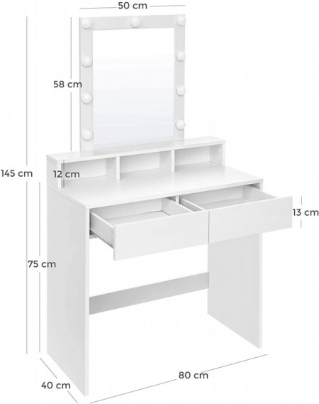 Masuta machiaj cu Oglinda LED si 2 Sertare pentru Cosmetice, Set Masa toaleta 80 cm, Alb, masuta cosmetica, vanity - SEA347 - Img 4
