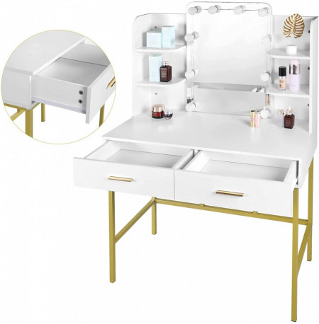 Masuta machiaj cu Oglinda LED si 2 Sertare pentru Cosmetice, Set Masa toaleta 90 cm, Alb, masuta cosmetica, vanity - SEA362 - Img 5
