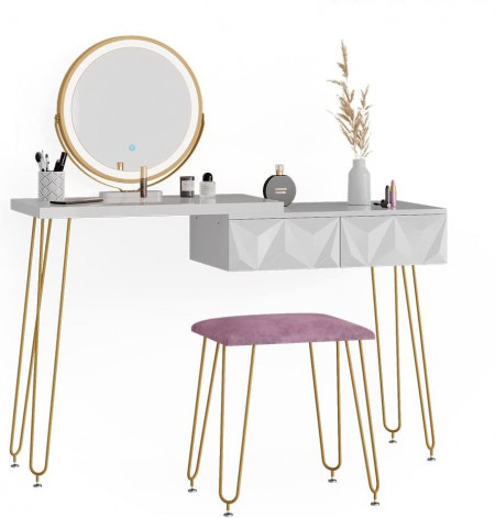 Masuta machiaj cu Oglinda LED si 2 Sertare pentru Cosmetice, Set Masa toaleta 120 cm, Alb, masuta cosmetica, vanity - SEA391 - Img 2