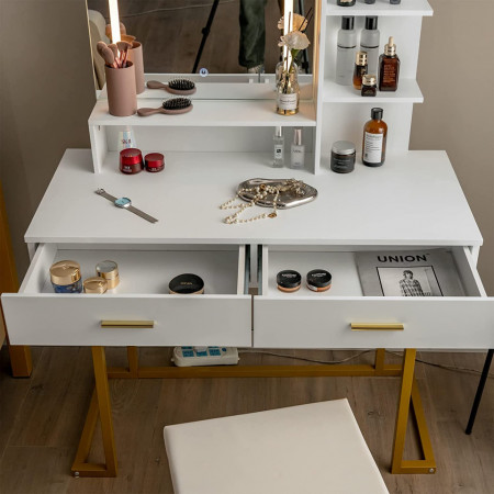 Masuta machiaj cu Oglinda LED si 2 Sertare pentru Cosmetice, Set Masa toaleta 100 cm, Alb, masuta cosmetica, vanity - SEA397 - Img 5