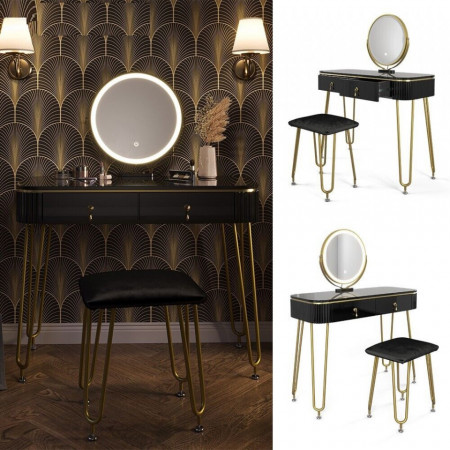 Masuta machiaj cu Oglinda LED si 2 Sertare pentru Cosmetice, Set Masa toaleta 100 cm, Negru, masuta cosmetica, vanity - SEN237 - Img 4