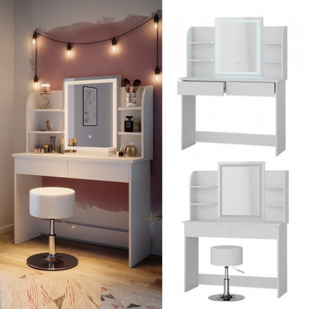 Masuta machiaj cu Oglinda LED si 2 Sertare pentru Cosmetice, Set Masa toaleta 106 cm, Alb, masuta cosmetica, vanity - SEA413 - Img 2