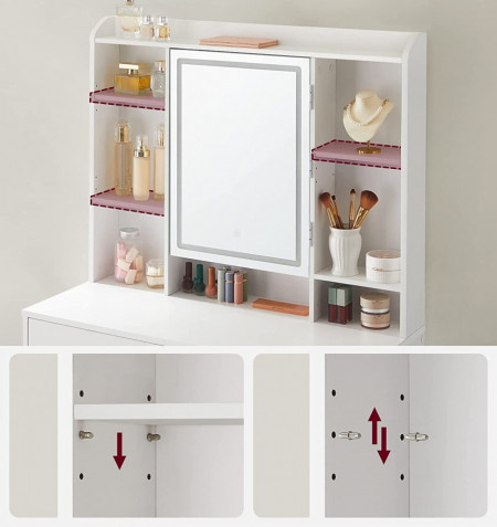 Masuta machiaj cu Oglinda LED si 2 Sertare pentru Cosmetice, Set Masa toaleta 90 cm, Alb, masuta cosmetica, vanity cu sau fara Priza, cu sau fara Scaun - SEA81 - Img 3
