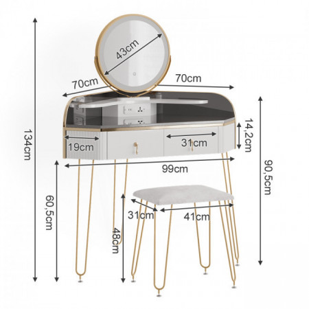 Masuta machiaj cu Oglinda LED si 2 Sertare pentru Cosmetice, Set Masa toaleta 99 cm, Alb, masuta cosmetica, vanity - SEA903 - Img 5