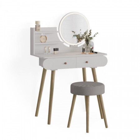 Masuta machiaj cu Oglinda LED si 2 Sertare pentru Cosmetice, Set Masa toaleta 80 cm, Alb, masuta cosmetica, vanity - SEA416 - Img 3