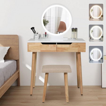 Masuta machiaj cu Oglinda LED si 2 Sertare pentru Cosmetice, Set Masa toaleta 80 cm, Alb, masuta cosmetica, vanity - SEA432 - Img 3