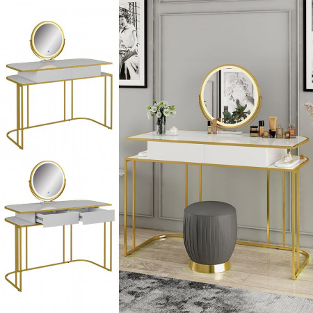 Masuta machiaj cu Oglinda LED si 2 Sertare pentru Cosmetice, Set Masa toaleta 110 cm, Alb, masuta cosmetica, vanity - SEA904 - Img 3