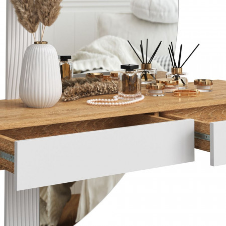Masuta machiaj cu Oglinda LED si 2 Sertare pentru Cosmetice, Set Masa toaleta 120 cm, Alb, masuta vanity cu Riflaj, cosmetica - SEM236 - Img 5