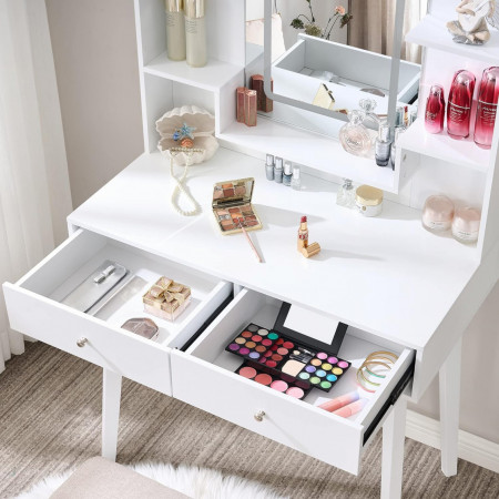 Masuta machiaj cu Oglinda LED si 2 Sertare pentru Cosmetice, Set Masa toaleta 80 cm, Alb, masuta cosmetica, vanity - SEA96 - Img 3