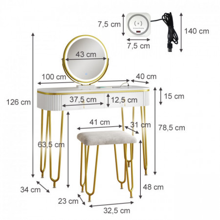 Masuta machiaj cu Oglinda LED si 2 Sertare pentru Cosmetice, Set Masa toaleta 100 cm, Alb Lucios, masuta cosmetica, vanity - SEA471 - Img 2