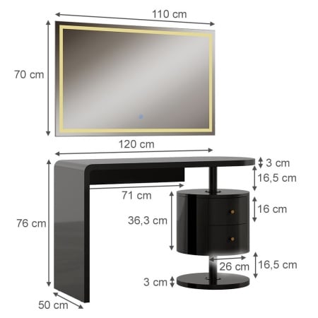 Masuta machiaj cu Oglinda LED si 2 Sertare pentru Cosmetice, Set Masa toaleta 120 cm, Negru, masuta cosmetica, vanity - SEN257 - Img 4