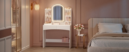 Masuta machiaj cu Oglinda LED si 2 Sertare pentru Cosmetice, Set Masa toaleta 90 cm, Alb, masuta cosmetica, vanity - SEA910 - Img 3