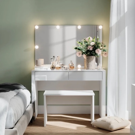 Masuta machiaj cu Oglinda LED si 2 Sertare pentru Cosmetice, Set Masa toaleta 110 cm, Alb Lucios, masuta cosmetica, vanity - SEA812 - Img 9