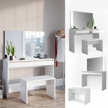 Masuta machiaj cu Oglinda LED si 2 Sertare pentru Cosmetice, Set Masa toaleta 120 cm, Alb, masuta cosmetica, vanity - SEA264 - Img 3