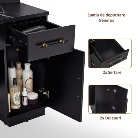 Masuta machiaj cu Oglinda LED si 2 Sertare pentru Cosmetice, Set Masa toaleta 150 cm, Negru / Maro, masuta cosmetica, vanity - SEN259 - Img 3