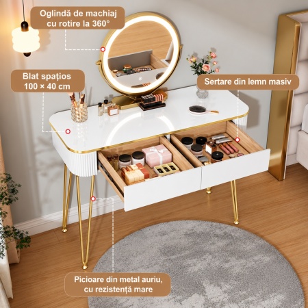 Masuta machiaj cu Oglinda LED si 2 Sertare pentru Cosmetice, Set Masa toaleta 100 cm, Alb, masuta cosmetica, vanity - SEA471 - Img 10