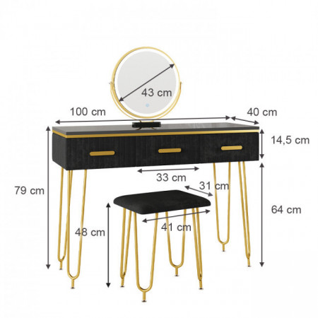 Masuta machiaj cu Oglinda LED si 3 Sertare pentru Cosmetice, Set Masa toaleta 100 cm, Negru, masuta cosmetica, vanity - SEN240 - Img 6
