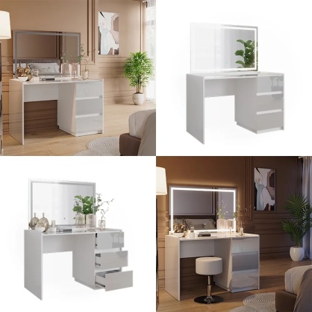 Masuta machiaj cu Oglinda LED si 3 Sertare pentru Cosmetice, Set Masa toaleta 120 cm, Alb Lucios, masuta cosmetica, vanity - SEA806 - Img 6