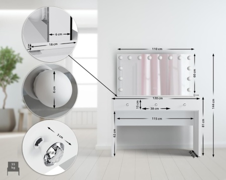 Masuta machiaj cu Oglinda LED si 3 Sertare pentru Cosmetice, Set Masa toaleta 120 cm, Alb, masuta cosmetica, vanity - SEA912 - Img 7
