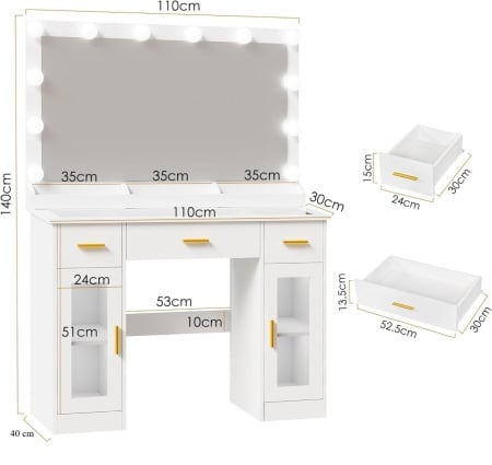 Masuta machiaj cu Oglinda LED si 3 Sertare pentru Cosmetice, Set Masa toaleta 110 cm, Alb, masuta cosmetica, vanity - SEA2 - Img 2