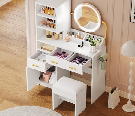 Masuta machiaj cu Oglinda LED si 3 Sertare pentru Cosmetice, Set Masa toaleta 80 cm, Alb, masuta cosmetica, vanity - SEA825 - Img 5