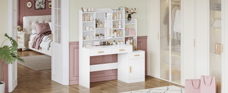 Masuta machiaj cu Oglinda LED si 3 Sertare pentru Cosmetice, Set Masa toaleta 130 cm, Alb, masuta cosmetica, vanity - SEA8 - Img 2