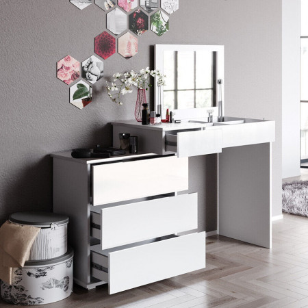Masuta machiaj cu Oglinda LED si 4 Sertare pentru Cosmetice, Set Masa toaleta 117 cm, Alb, masuta cosmetica, vanity - SEA389 - Img 3