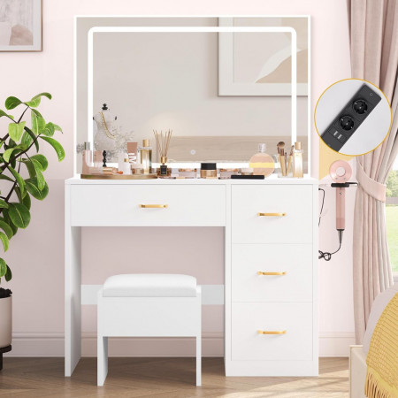 Masuta machiaj cu Oglinda LED si 4 Sertare pentru Cosmetice, Set Masa toaleta 90 cm, Alb, masuta cosmetica, vanity - SEA456 - Img 3