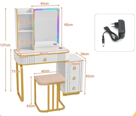 Masuta machiaj cu Oglinda LED si 4 Sertare pentru Cosmetice, Set Masa toaleta 80 cm, Alb, masuta cosmetica, vanity - SEA99 - Img 4