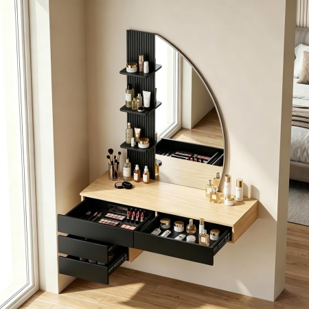 Masuta machiaj cu Oglinda LED si 4 Sertare pentru Cosmetice, Set Masa toaleta 106 cm, Alb - Maro, masuta cosmetica, vanity cu Riflaj si Rafturi - SEM247 - Img 2