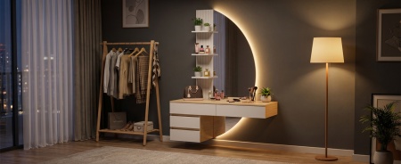Masuta machiaj cu Oglinda LED si 4 Sertare pentru Cosmetice, Set Masa toaleta 106 cm, Alb - Maro, masuta cosmetica, vanity cu Riflaj si Rafturi - SEM247 - Img 11