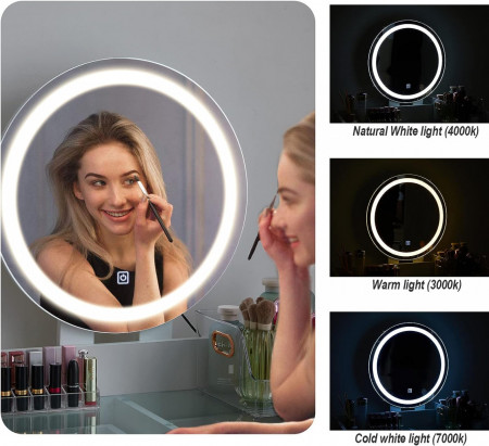 Masuta machiaj cu Oglinda LED si 5 Sertare pentru Cosmetice, Set Masa toaleta 116 cm, Alb, masuta cosmetica, vanity - SEA419 - Img 2